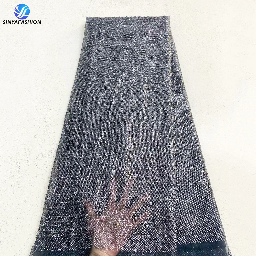 

Shiny Sequins African French Net Embroidery Nigerian Luxury Heavy Handmade Beaded Lace Fabric For Wedding Bridal Dress 11870