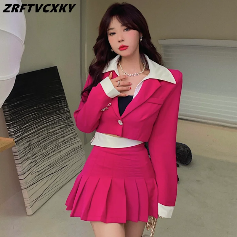 

Fashion Streetwear Two Piece Set Women Short Blazer Coat Crop Top& Pleated Skirt Suits Autumn Sexy 2 Piece Sets Woman Outfits