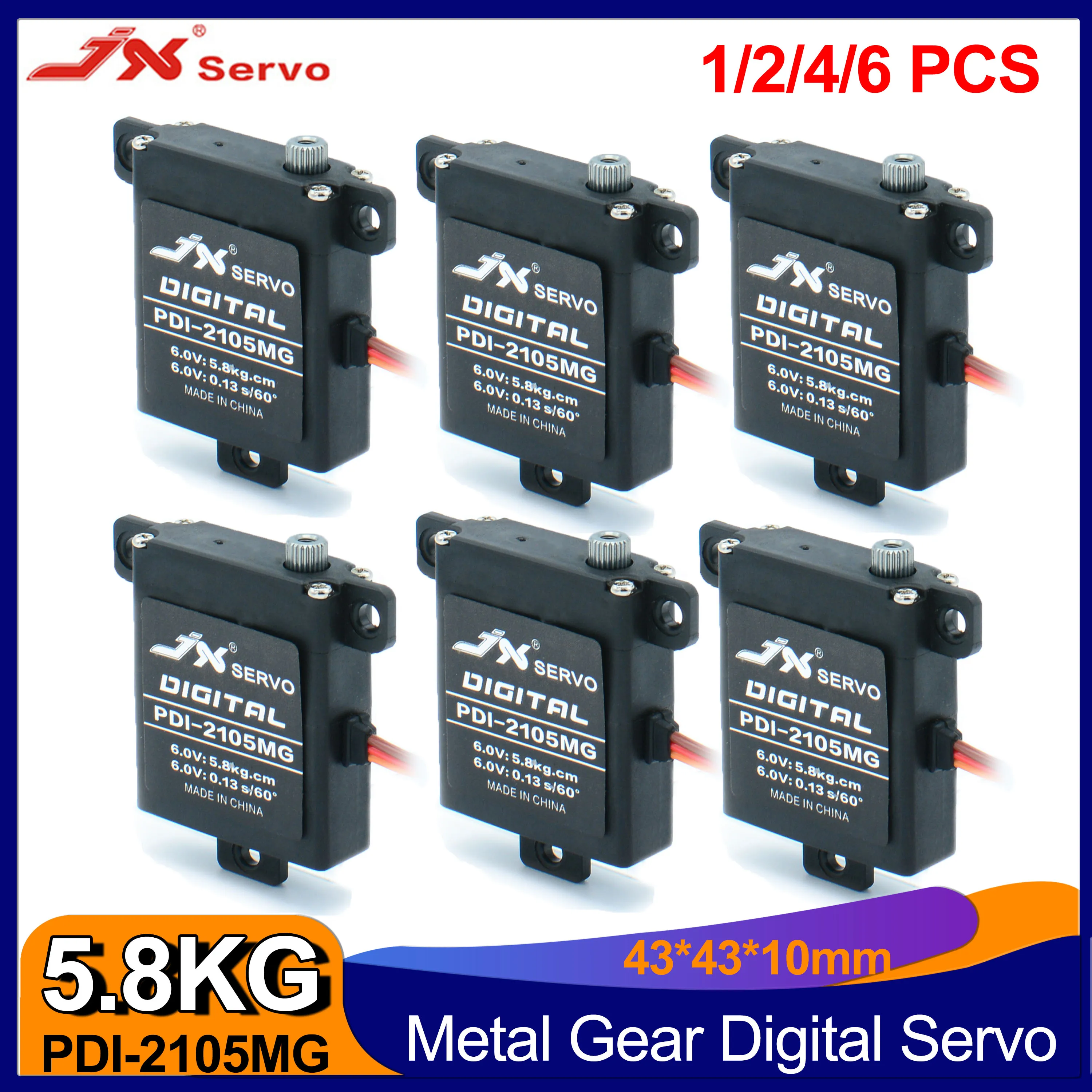 Сервопривод JX 1/2/4/6 шт., металлическая шестерня с крутящим моментом 5,8 Кг, Миниатюрный цифровой RC сервопривод для самолета с неподвижным крылом