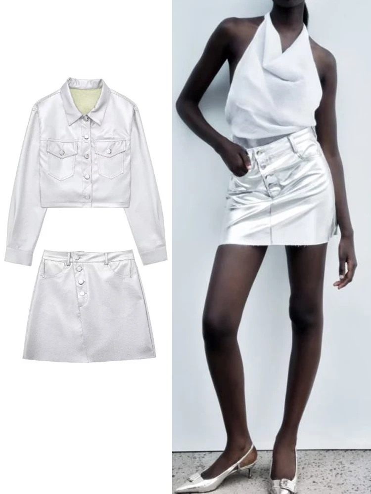 

TRAF Spring Summer Women Fashion Silvery Jacket Pants Set Female Causal Long Sleeve Coats Elastic Waist Pants