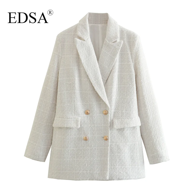 

EDSA Women Fashion Double Breasted Textured Blazer Long Sleeve Tweed Jacket Coat for Office Lady with Flap Pockets Outerwear