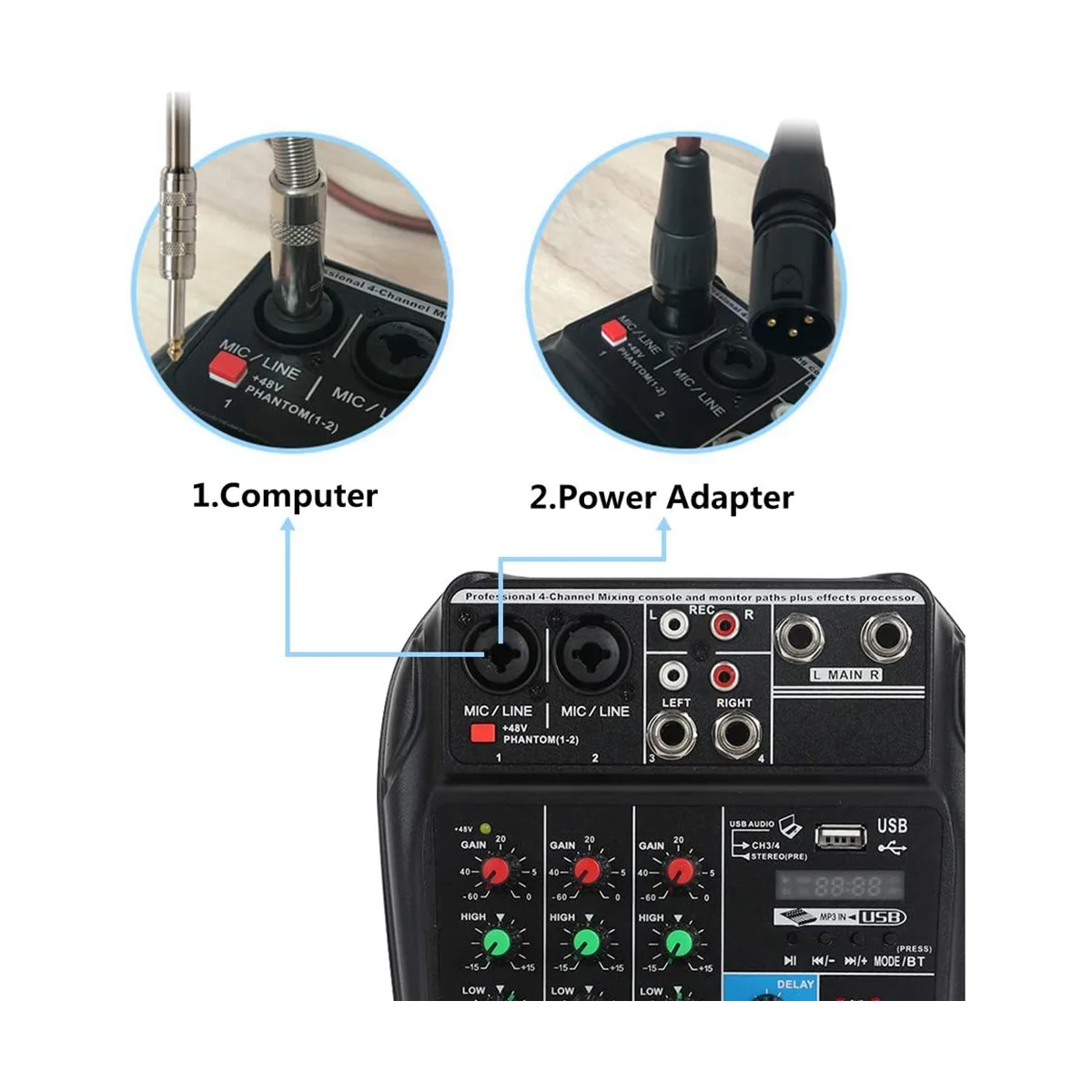 

A4 4-Channel Small Microphone Digital Mixer DJ Live Broadcast KTV Microphone Recording Effector Mixer 20Hz-20KHz EU Plug