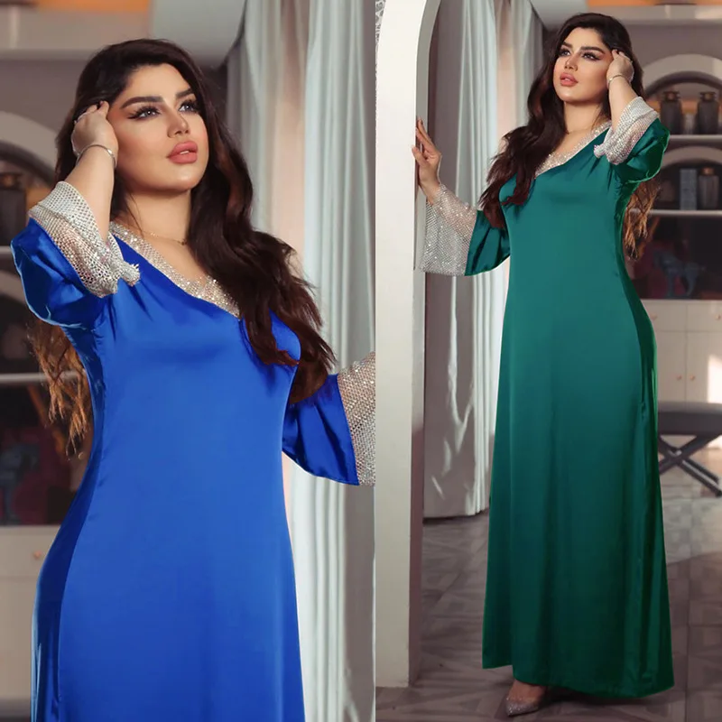 

Turkish Muslim Arabian skirt abaya dress Muslim Ramadan Middle Eastern satin stretch mesh with diamond studded long dress