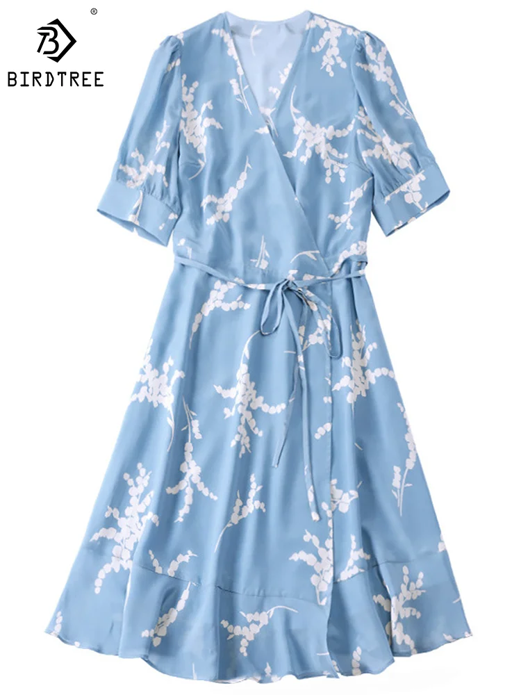 Birdtree 100%Real Silk Dress Women's Summer New 2023 Elegant French V-neck Ruffled Temperament A-Line Tea Dresses D36601QM
