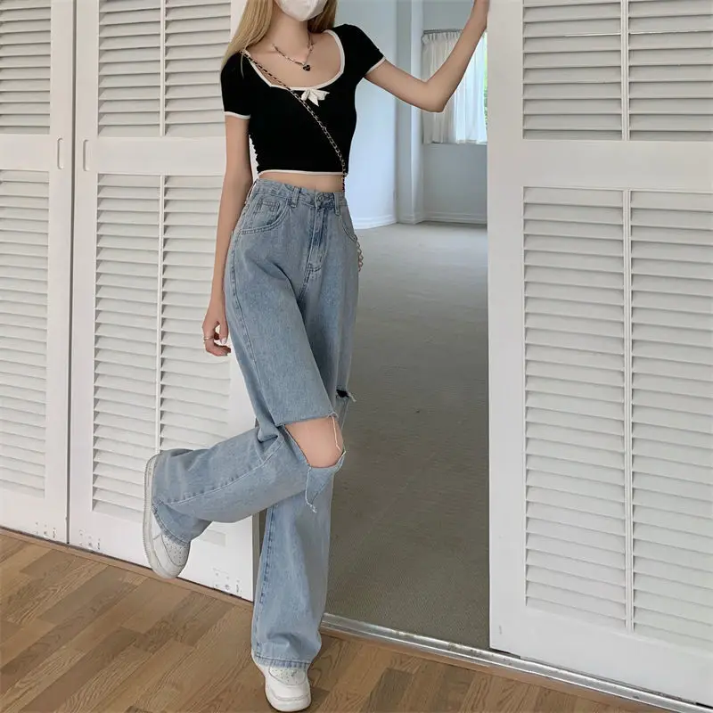 Рваные джинсы модные женские свободные брюки с широкими штанинами Новинка лета