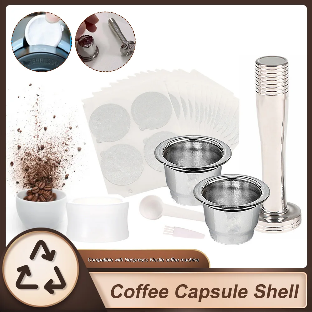 

Coffee Capsule Shell Repeatedly Used Capsules Refillable Filter Spoon Brush Set for Espresso Machine Stainless Steel