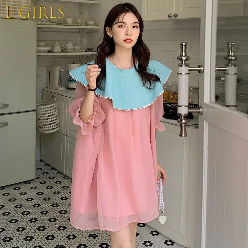 

E GIRLS Sweet Hit Color Peter Pan Collar Woman Dress Korean Chic Summer Flare Sleeve Dresses 2022 New Causal Vestidos De Mujer