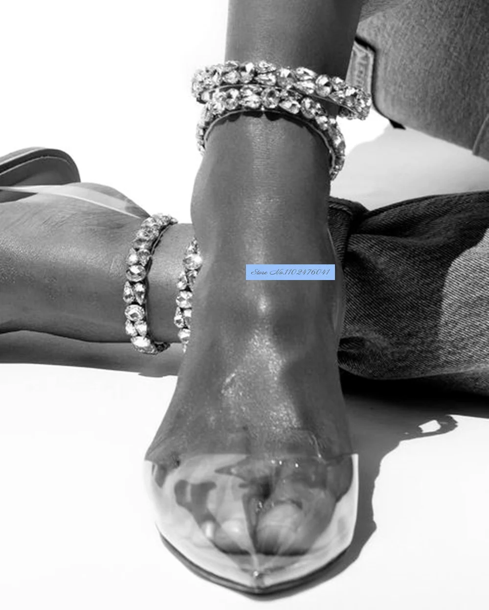 Women Glittering Crystal Straps Flat Dress Shoes Clear PVC Pointed Toe Sandals Slingback Shiny Rhinestone Banquet Shoes Size46