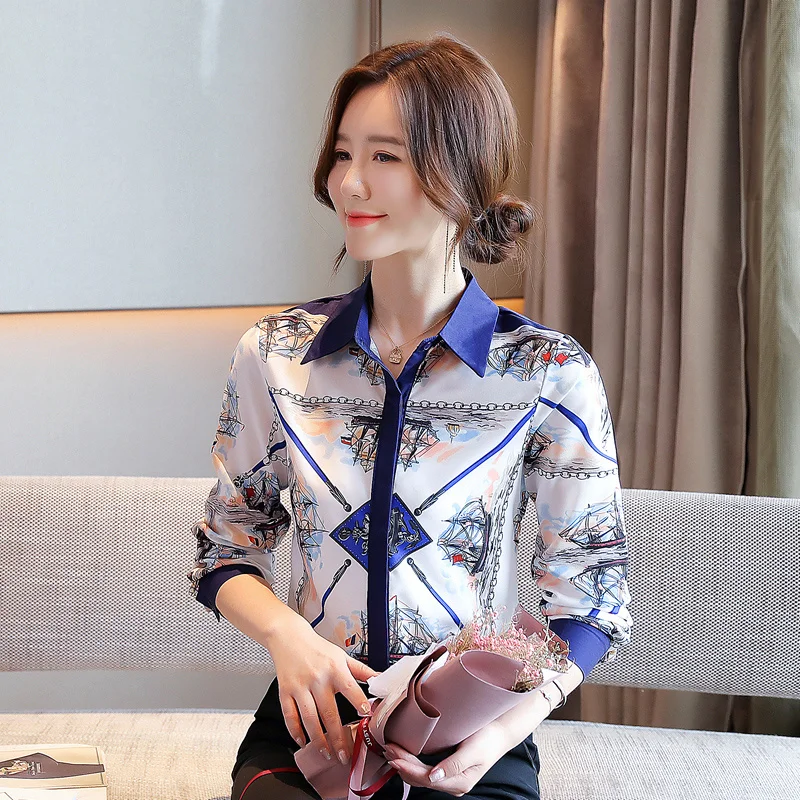 

Chiffon Women's Blouse Loose Polo Shirt Summer Fashion Long Sleeve Top Print Casual Female Clothing