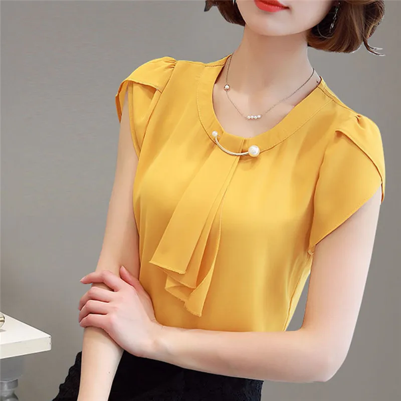 

Блузка женская шифоновая с коротким рукавом, офисный топ с оборками и бантом на шее, Рубашка желтая/красная с оборками, в Корейском стиле, на лето