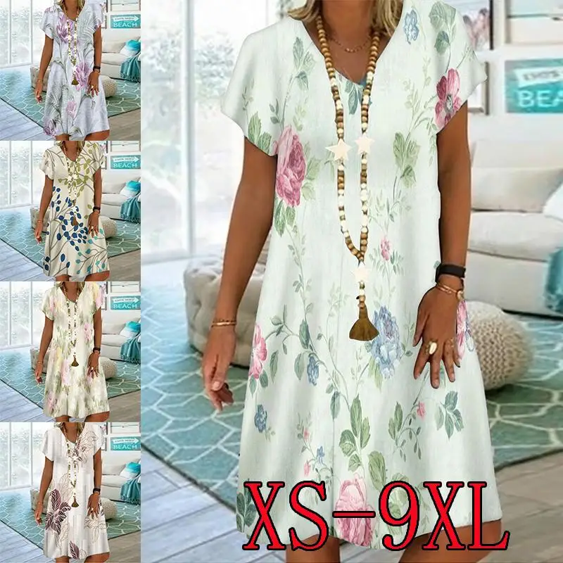 

2022 Summer Elegant Women's Floral Theme Printed Painting Dresses Knee Length V Neck Loosen Casual Dress Plus Size New Design