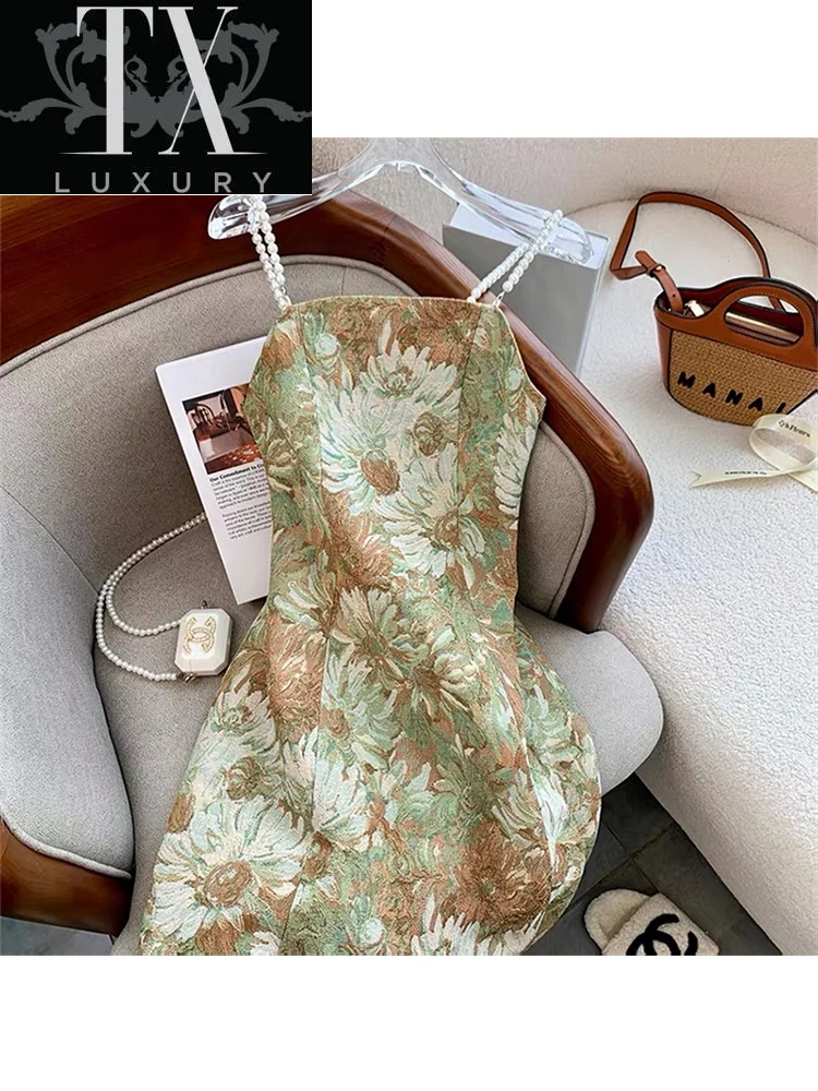 

Summer Floral Print Off Shoulder Sleeveless Maxi Dress For Woman French Elegant Vintage Sexy Chic Aesthetic Party Dresses Ladies