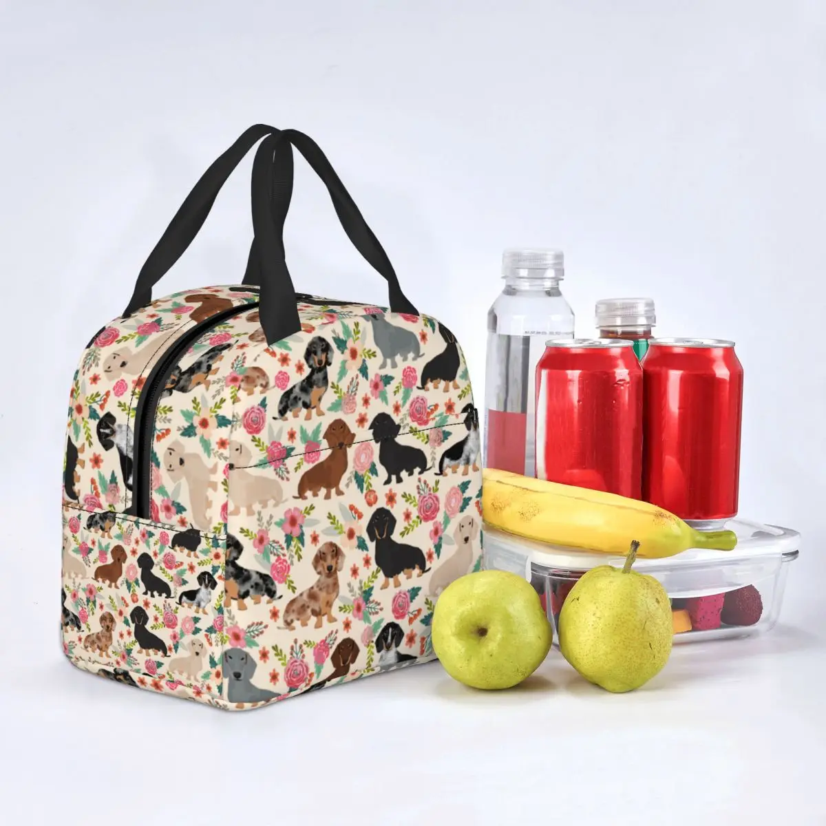 

Dachshund Dogs Vintage Florals Lunch Bags Waterproof Insulated Canvas Cooler Bags Thermal Picnic Lunch Box for Women Girl