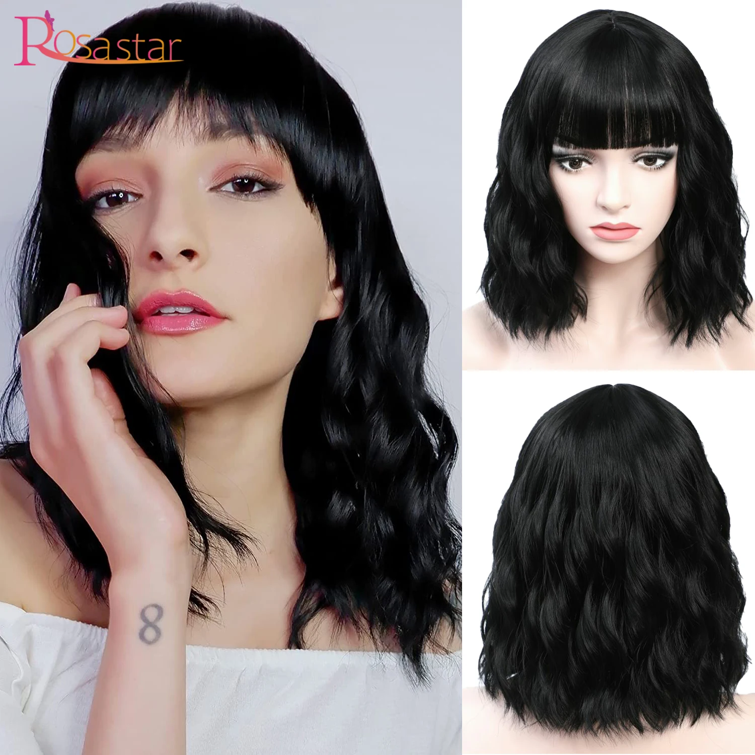 

Bob Wig Shoulder Length Black Wavy Wigs with Air Bangs for Women 14" Curly for Girl Natural Looking Short Synthetic Wigs Daily