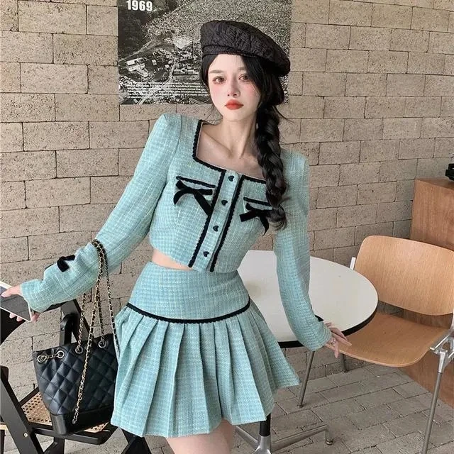 

Cute Bowknot Women's Skirt 2022 Spring Autumn Suits With Skirt Chic Two Piece Sets Womens Outifits French Style Tweed Suit юбка