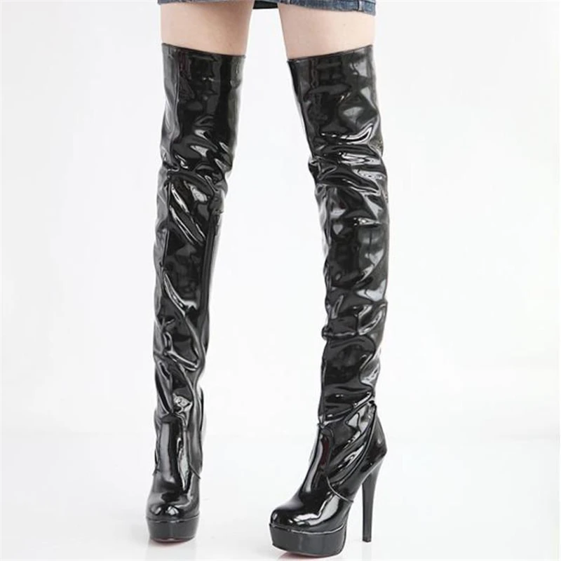 

The New Pole Dancing Boots Bright Patent Leather Higher Heel Knight Boots Waterproof Side Zip Knee Boots Plus Size 35-43