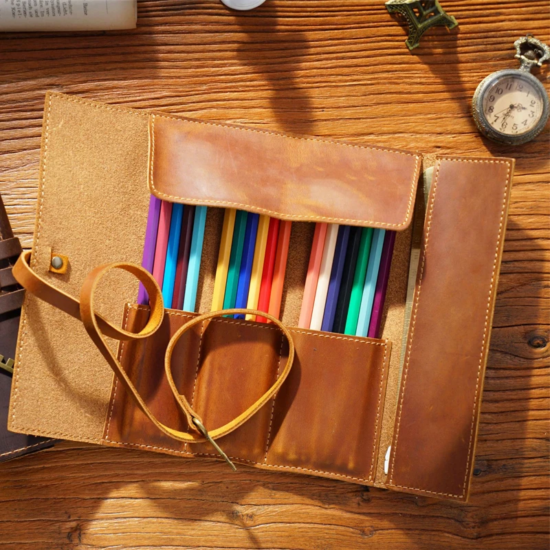 Bag Crazy Horse Leather Pen Box Multifunction Retro Art Stationery Bundle And Coil Type Storage Case