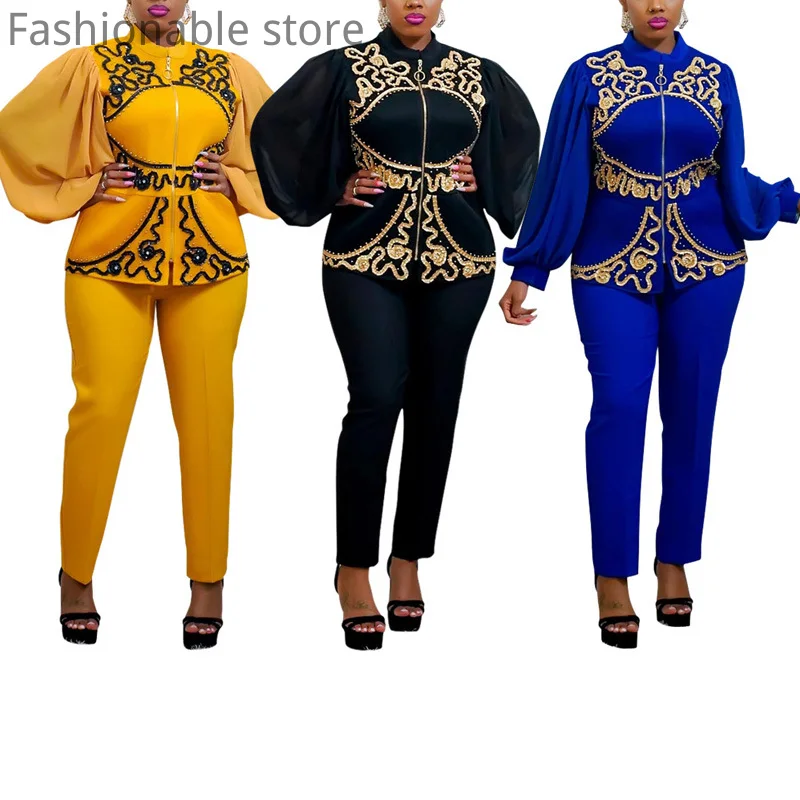 

Women Casual Puff Sleeve Zipper Front Top and High Waist Pencil Pants 2pcs Set