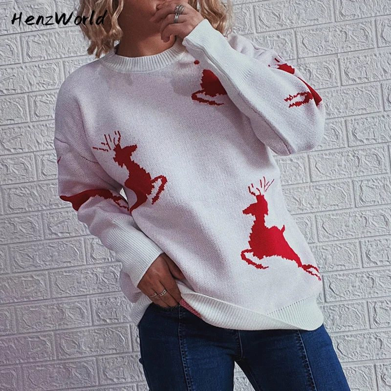 

HenzWorld Women Clothing Autumn And Winter New Thickened Round Neck Long Sleeve Christmas Sweater Fawn Jacquard Knitted Pullover