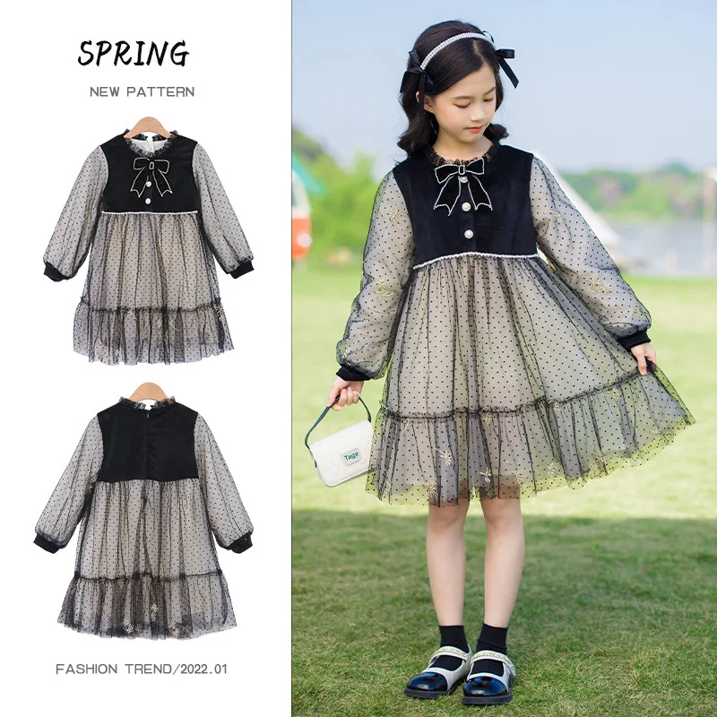 

2022 платье для девочек, элегантные весенние платья с бантом для девочек, Осеннее Сетчатое платье принцессы, детская одежда, костюм для вечеривечерние
