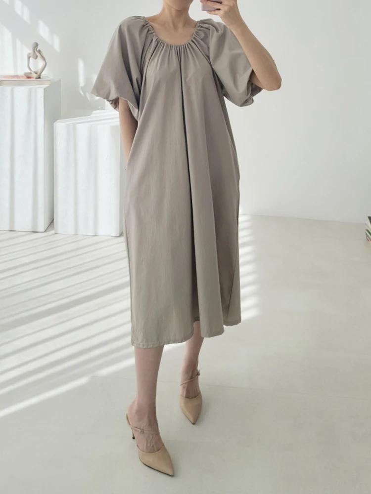 

Женское платье с круглым вырезом, длинное однотонное плиссированное платье свободного покроя с рукавами-фонариками, модель D0914 в Корейском ...