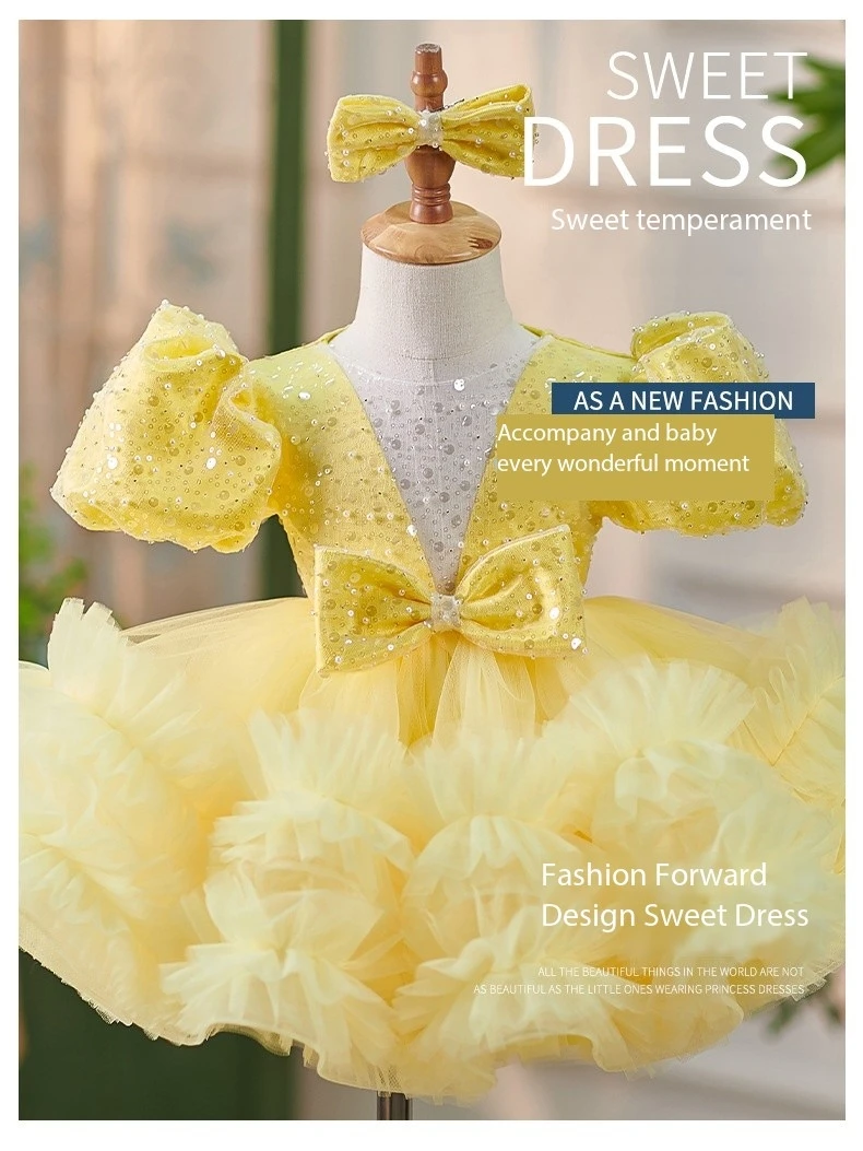 Легкое роскошное желтое платье шампанского с пайетками детское на первый день