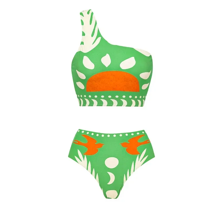 Новинка 2024 комплект бикини женский купальник на одно плечо с принтом из двух