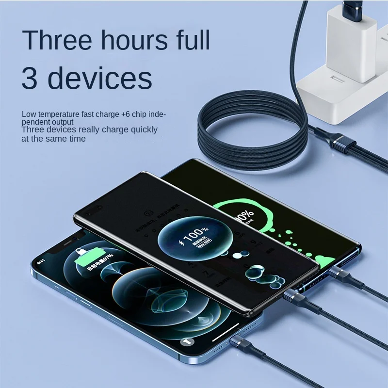 

New 6A super fast charge one-to-three data cable 100W cloth braided TYPE-C three-in-one charging cable wholesale
