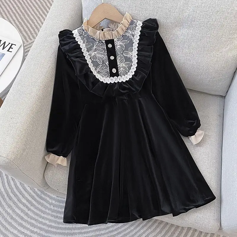 

One-piece Girl Dress Autumn New Korean Children's Clothing Long Sleeve Lace Velvet Princess Party Dresses Kids Baby Girl Clothes