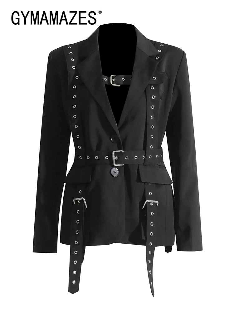 

Женский блейзер с поясом GYMAMAZES, однотонный блейзер с отложным воротником и длинным рукавом, блейзер на пуговицах, модная новинка