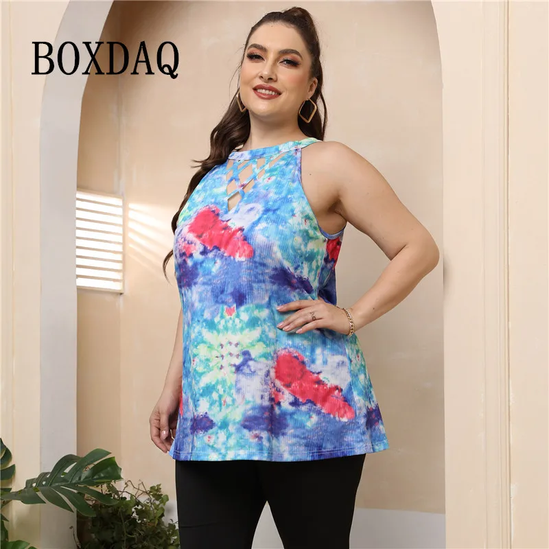 

Plus Size Women Tank Tops Summer Sexy Tie-Dye Printing Hollow Out Burn Flowers T Shirt Fashion Casual Sleeveless Rib Knit Shirts