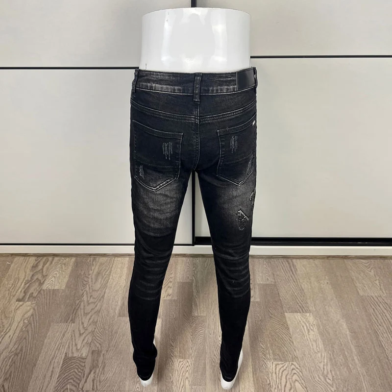 High Street Fashion Men Jeans Retro Black Gray Elastic Skinny Ripped Jeans Men Brand Patch Designer Hip Hop Stretch Pants Hombre