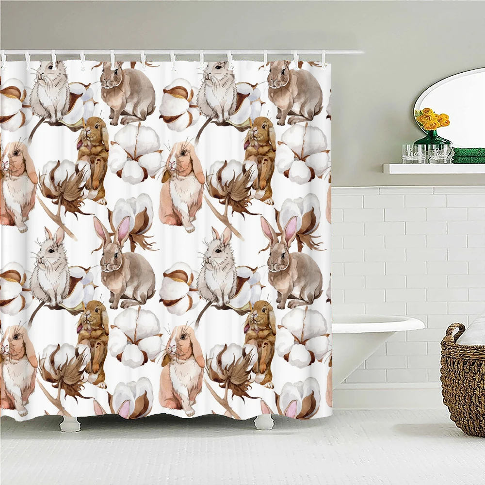 

Flowers Plant Bath Curtain Waterproof Fabric Shower Curtains Leaves Funny Animals Printing Bathroom Screen Decoration with Hooks