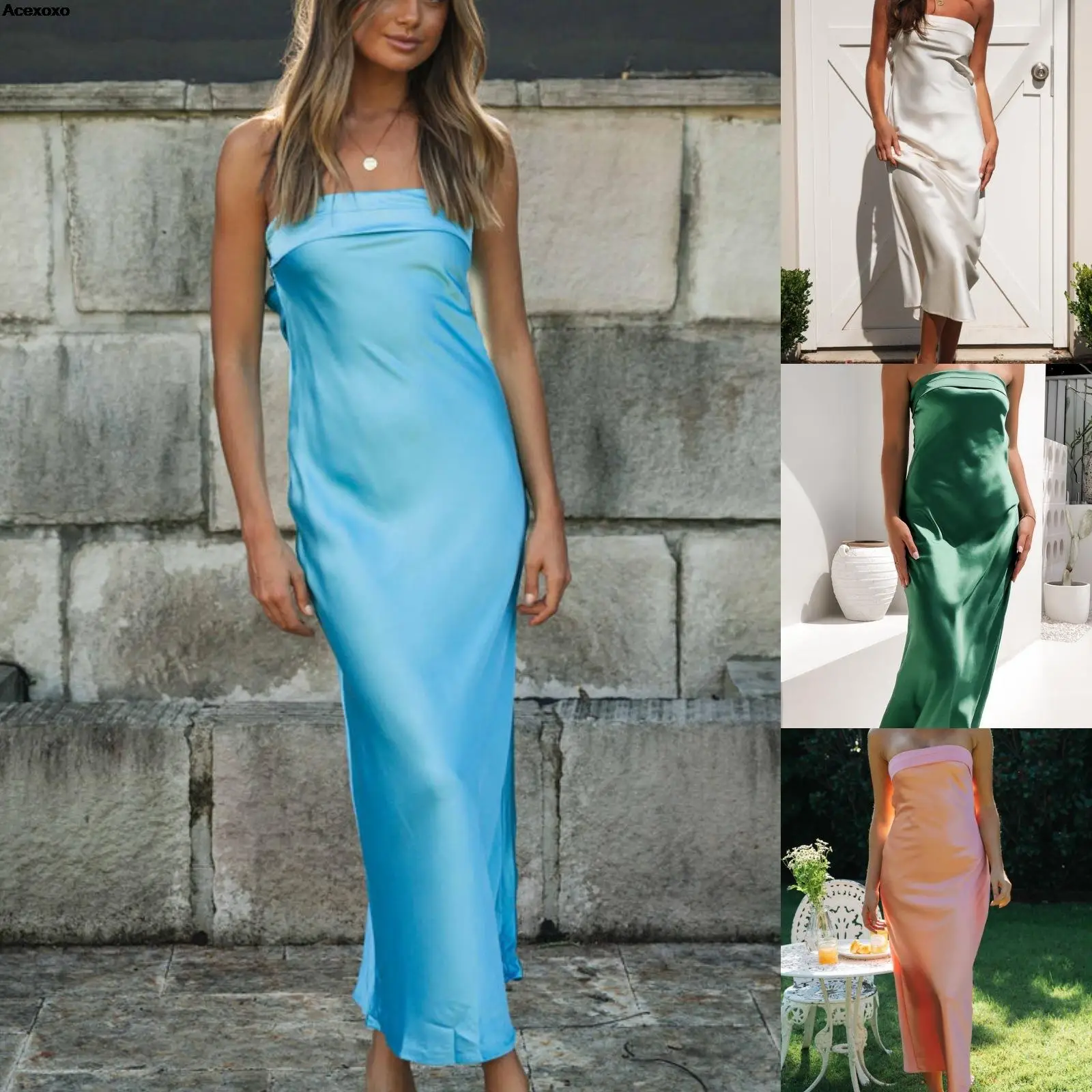 

New summer dress Solid color breast wrap halter knit sexy satin dress