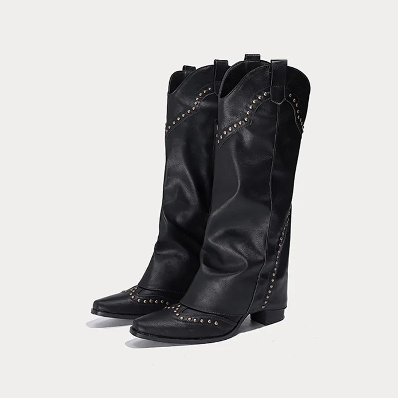 Женские ковбойские сапоги до колена на высоком каблуке с заклепками
