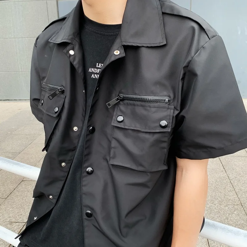 

Men Women Short Sleeves Shirts Black Zip Pocket Tooling Wind Fashion Casual Loose Jacket Overalls Zipper Shirt Sport Tops