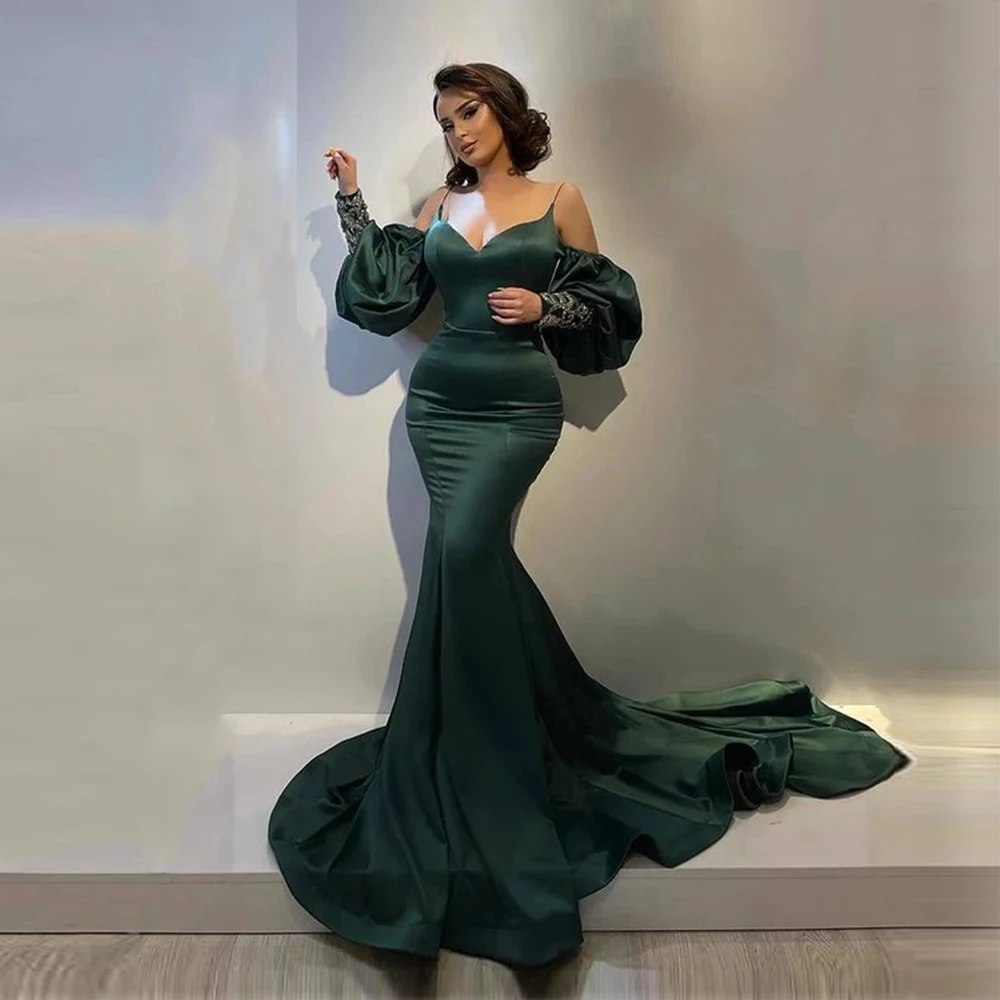 

GUXQD Royal Green Long Mermaid Evening Dress Appliques Sweetheart Puff Sleeves Straps Party Gowns Formal Vestidos De Noche