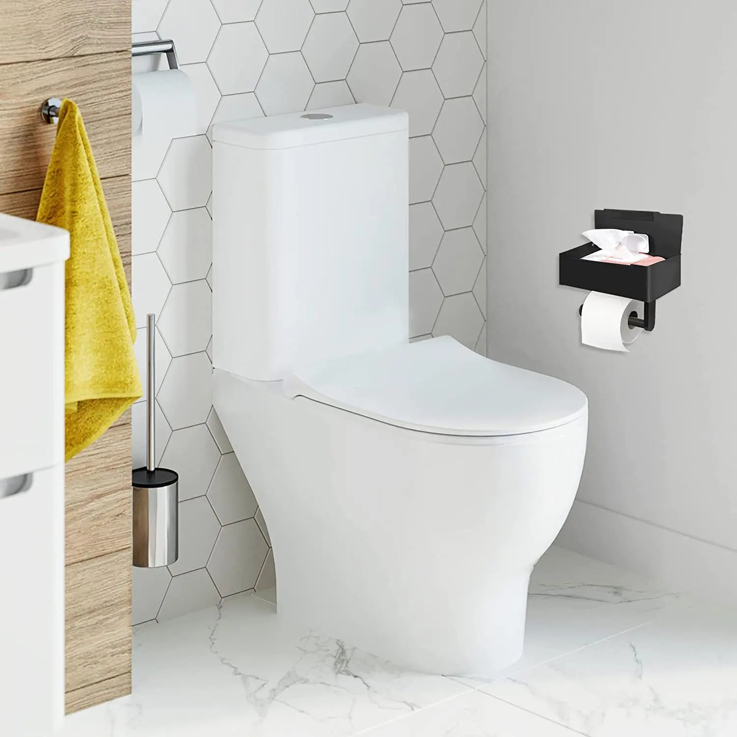 

Black Toilet Paper Holder with Shelf Adhesive Toilet Paper Holder, Stainless Steel Wall Mount - Matte Black Toilet Paper Holder