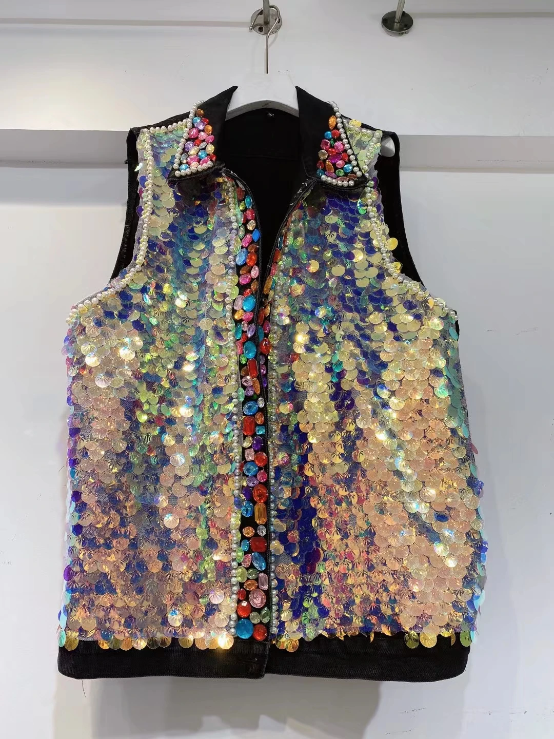 Heavy Sequins Nail Jeans Waistcoat Women 2022 Autumn Loose Streetwear Denim Jacket Hot Girls Sleeveless Shiny Sequins Jean Coats