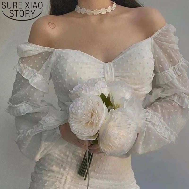 

Autumn New Long Sleeve Sweet Bow Puff Sleeve Hollow Out Chiffon Blouse Female Sexy Off Shoulder Short Tops Clothes Blusas 22139