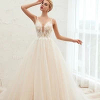 2022 elegant wedding dress lace sleeveless applique bead spaghetti strap cathedral train ball gown bridal gown with white