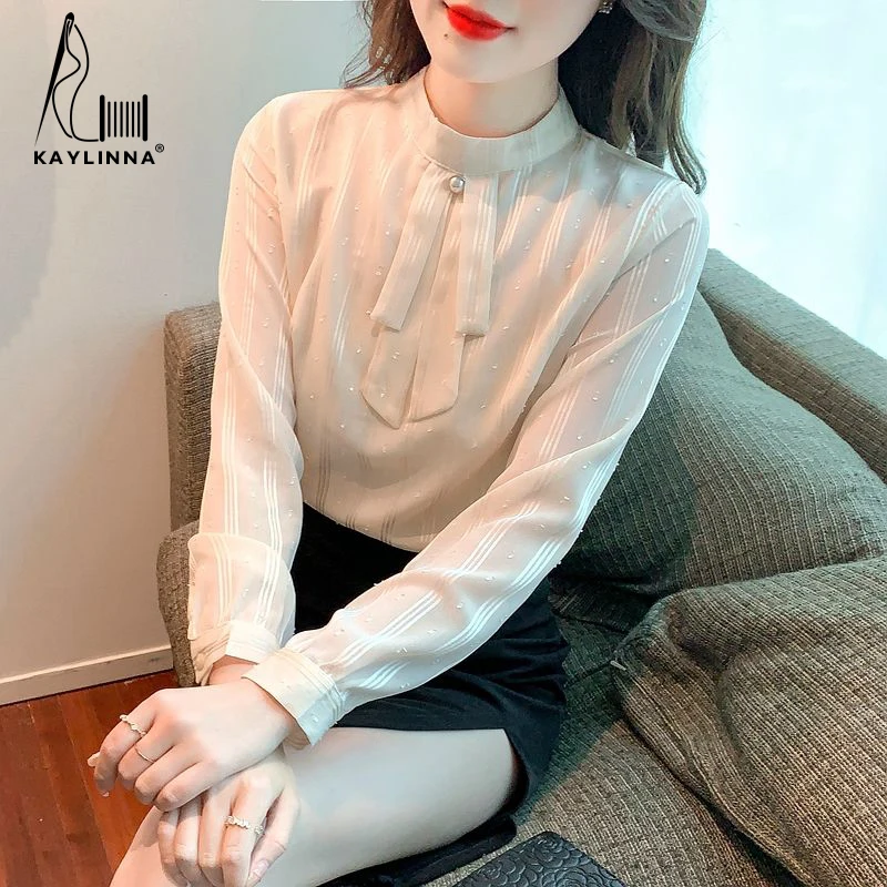 KAYLINNA Luxury Elegant Striped Office Lady Blouse Women Casual Shirts Long Sleeves Female Woman Blouses Chiffon Shirt Tops