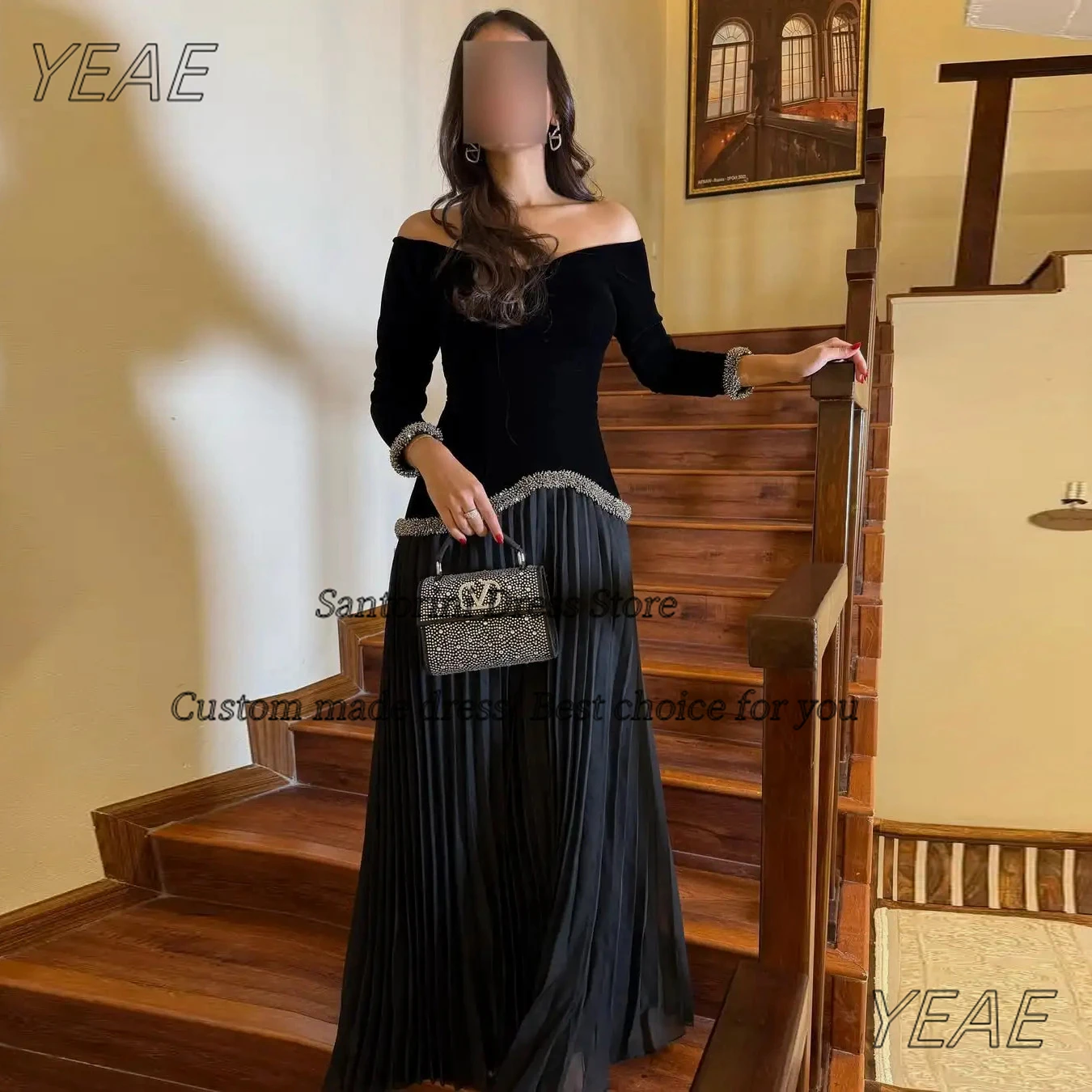 Фото Санторини по индивидуальному заказу Vestidos De Gala платья для выпускного вечера с длинными рукавами и бисером вечерние платья Саудовские женщины плиссированные платья для дня рождения №3