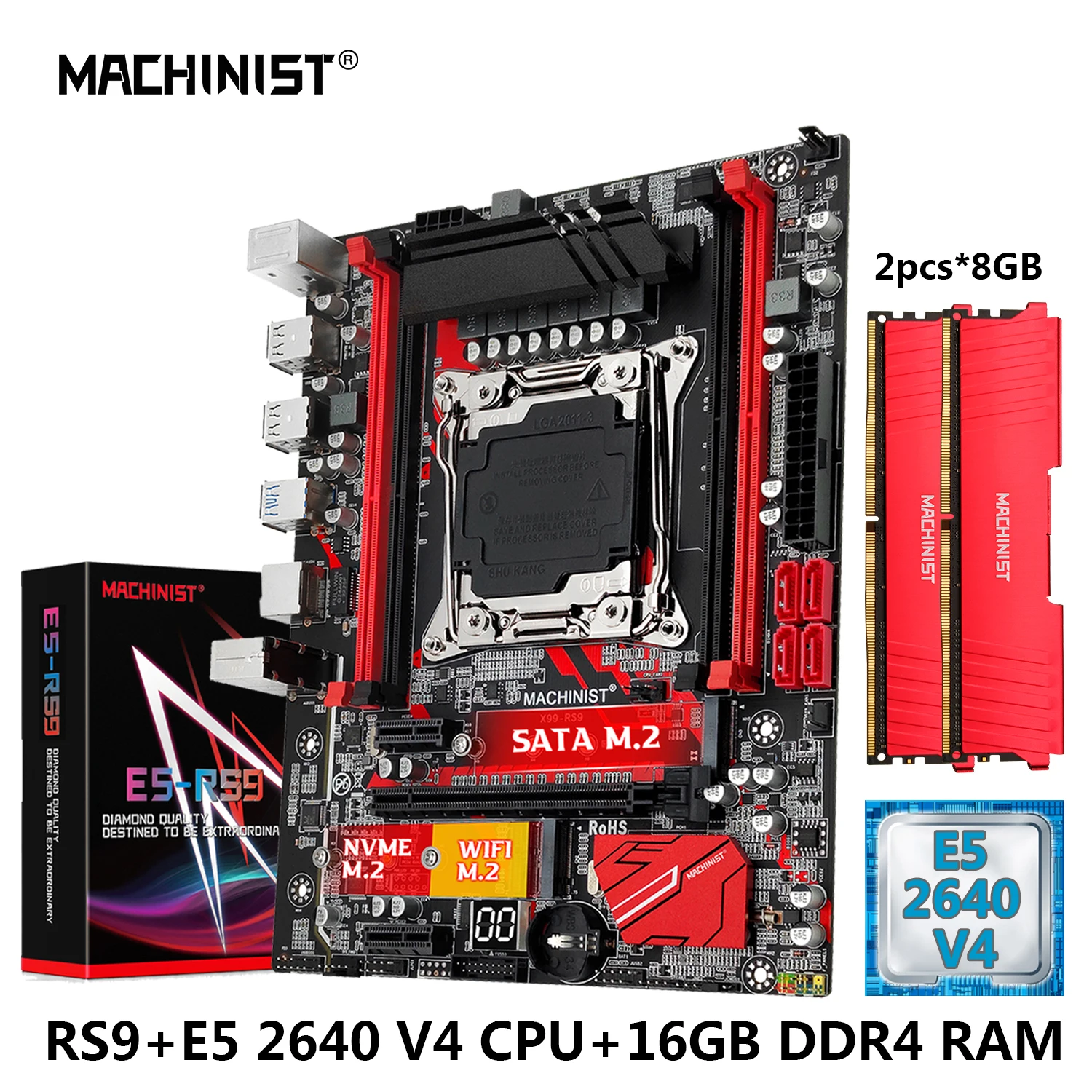 

MACHINIST RS9 X99 Motherboard Combo Xeon E5 2640 V4 Kit LGA 2011-3 CPU DDR4 2*8G=16GB RAM 2133MHz NVME M.2 USB 3.0 Four Channel