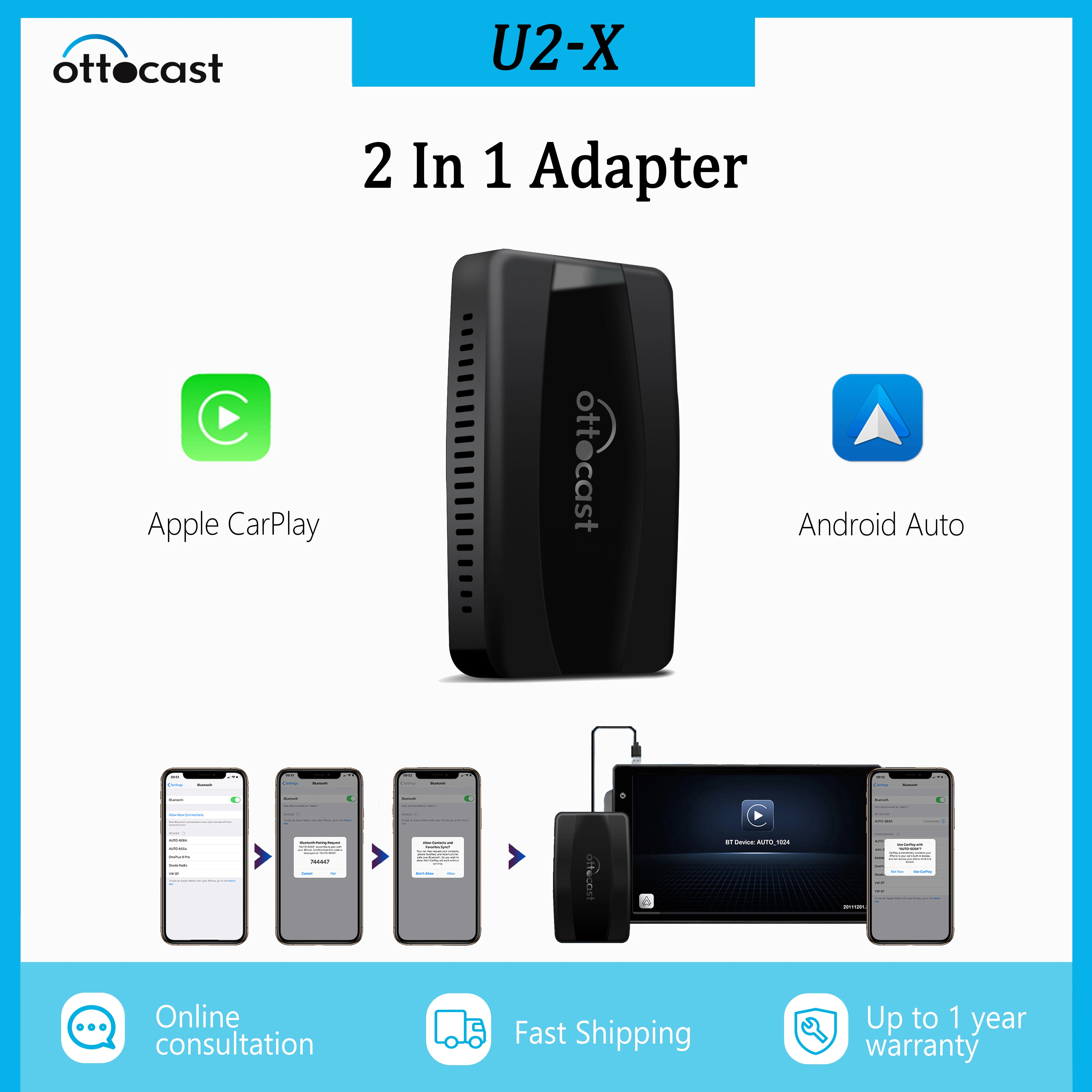 OTTOCAST U2-X Wireless Android Auto Wireless CarPlay Adapter 2 IN 1 For OME Wired CarPlay Screen,USB for 2017-2022 VW/Toyota