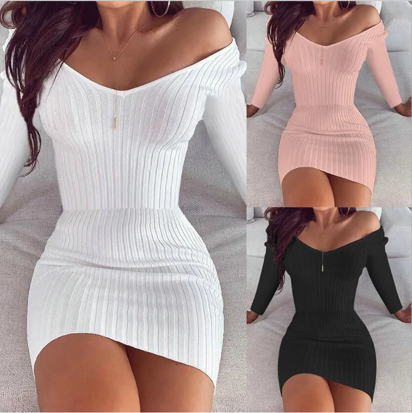 

Sexy Temperament V-neck Solid Color Slim Vertical Pattern Long-sleeved Dress Women Y2k Dress Vestidos De Mujer