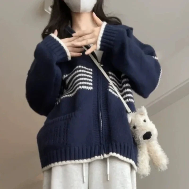 Женский вязаный кардиган в полоску с капюшоном Deeptown винтажный корейский модный