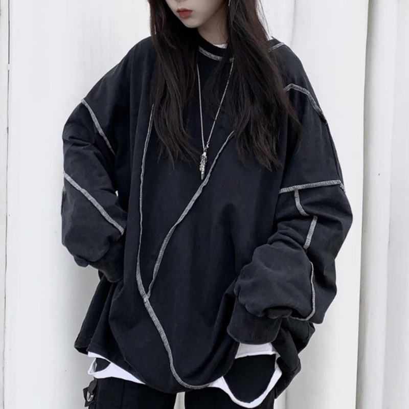 

ZITY Gothic Long Sleeve Thin Sweatshirt Loose Causal Harajuku Women's Dark Spring Autumn Sweatshirt Base Clothes Black Top