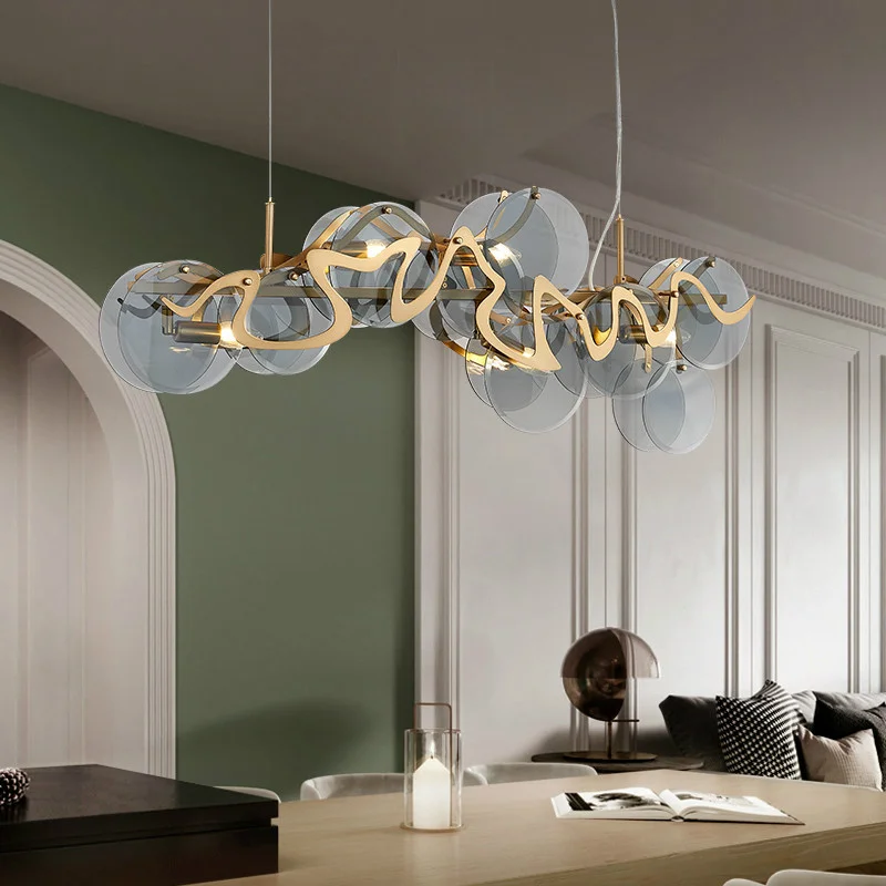 

Люстра стеклянная в стиле пост-модерн, светодиодная лампа Е14 для гостиной, круглый металлический светильник с s-образной подвеской, осветит...