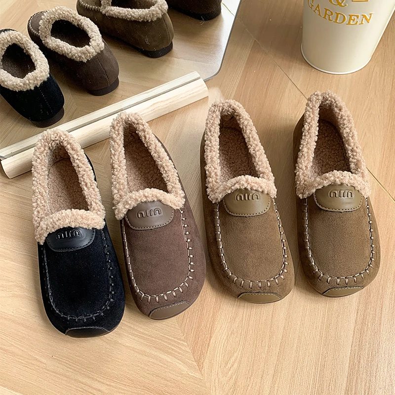 

Женские зимние туфли на плоской подошве, кожаные повседневные теплые Лоферы для женщин, модные роскошные пушистые зимние слипоны, Уличная обувь 2023